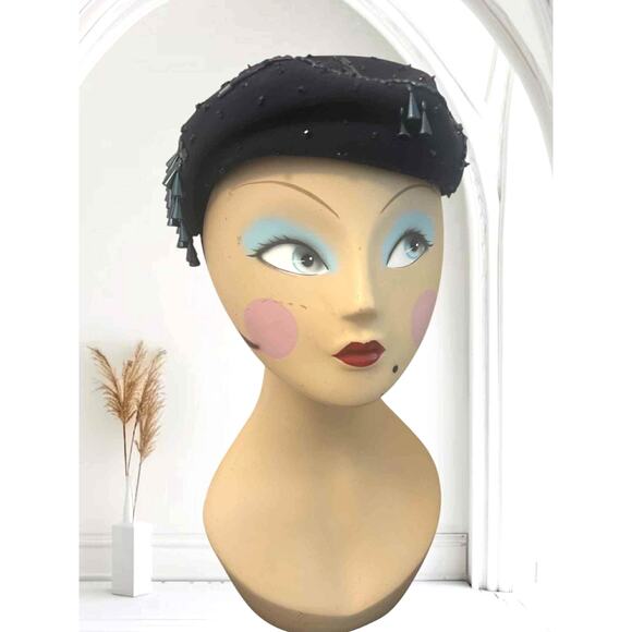 Vintage 1950s Jami Exclusive Navy Felt Cocktail Hat w/ Beaded Fringe & Sequins main image 4